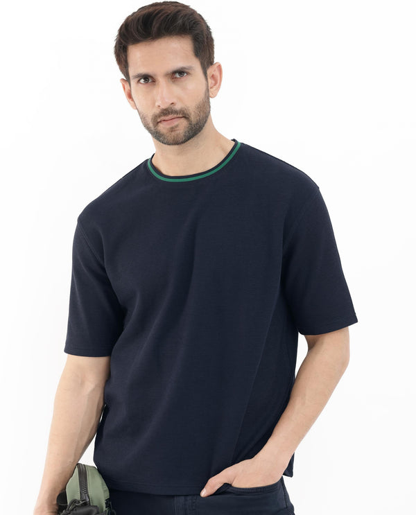 Rare Rabbit Men's Adiso-1 Navy Cotton Blend Fabric Short Sleeve Crew Neck Oversized Fit Plain T-Shirt