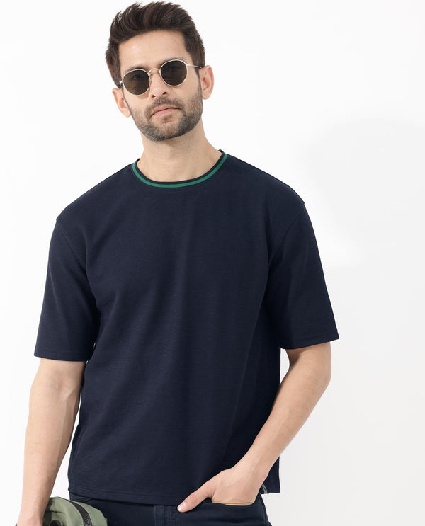 Rare Rabbit Men's Adiso-1 Navy Cotton Blend Fabric Short Sleeve Crew Neck Oversized Fit Plain T-Shirt