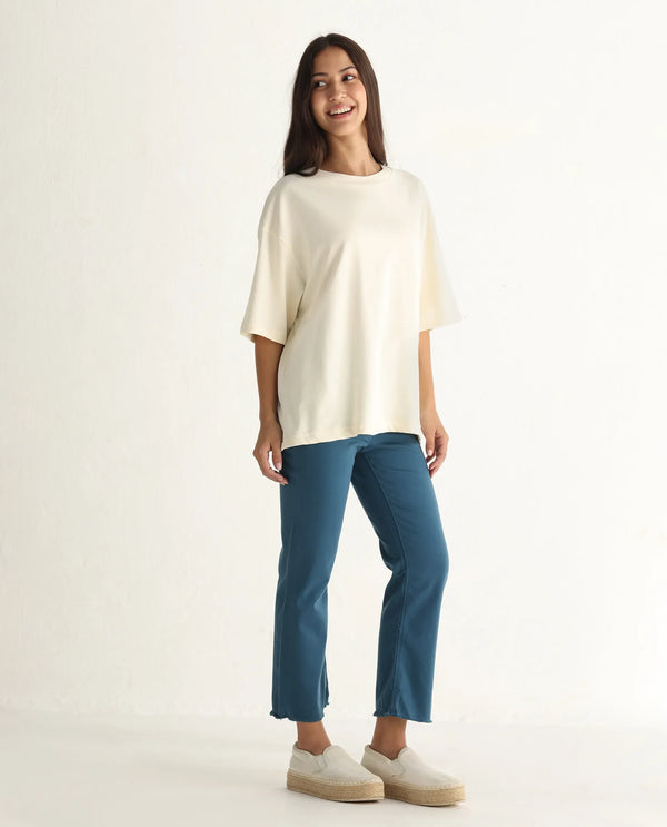Rareism Women Admiral Petrol Cotton Lycra Fabric Mid Rise Solid Regular Fit Ankle Length Jeans