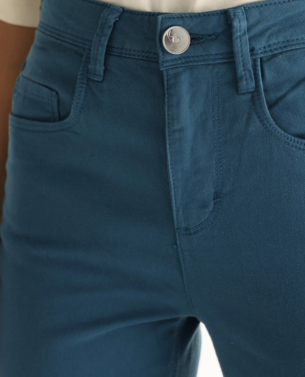 Rareism Women Admiral Petrol Cotton Lycra Fabric Mid Rise Solid Regular Fit Ankle Length Jeans