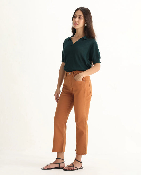 Rareism Women Admiral Rust Cotton Lycra Fabric Mid Rise Solid Regular Fit Ankle Length Jeans