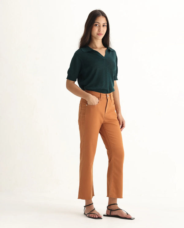 Rareism Women Admiral Rust Cotton Lycra Fabric Mid Rise Solid Regular Fit Ankle Length Jeans
