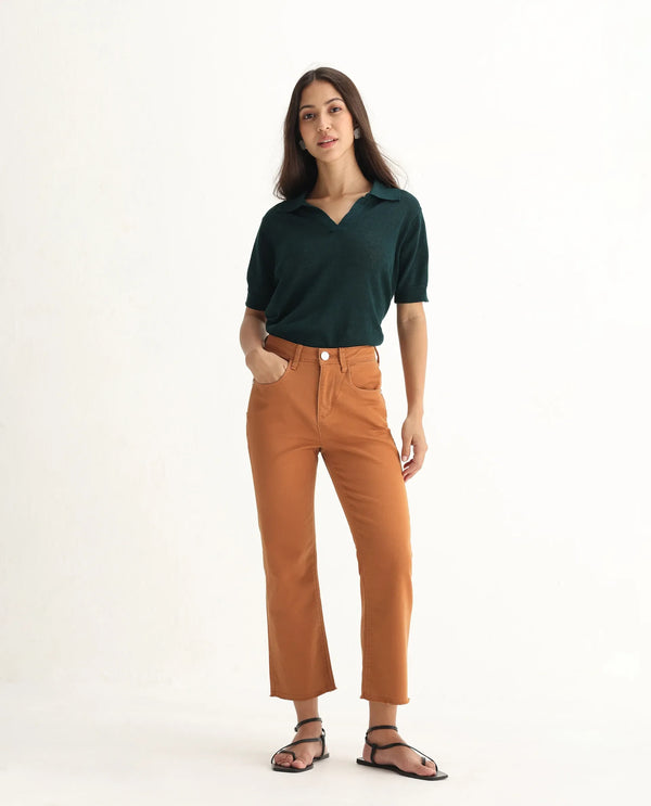 Rareism Women Admiral Rust Cotton Lycra Fabric Mid Rise Solid Regular Fit Ankle Length Jeans