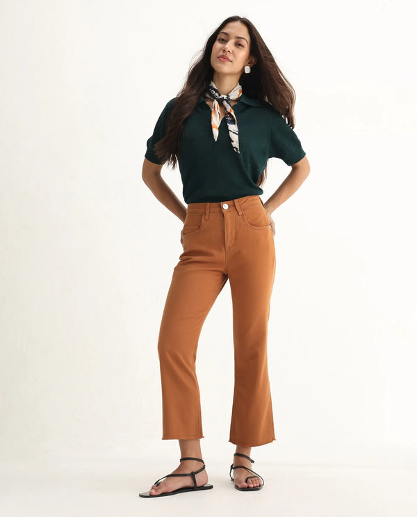Rareism Women Admiral Rust Cotton Lycra Fabric Mid Rise Solid Regular Fit Ankle Length Jeans