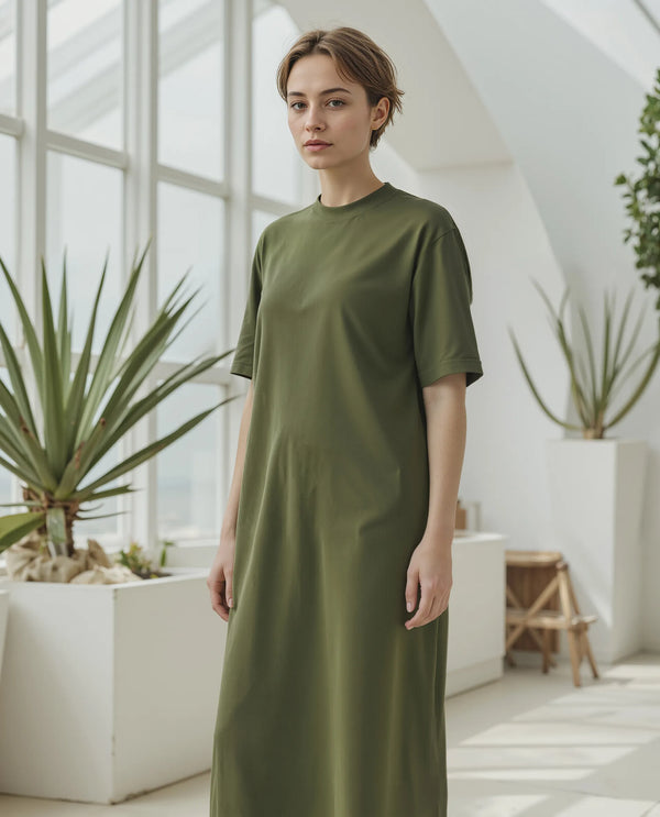 Rareism Women's Afrinca Olive Cotton Blend Fabric Crew Neck  Half Sleeve Plain Relaxed Fit Maxi Dress