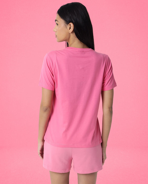 Rareism Women Alcas Flouroscent Pink Cotton Blend Fabric Regular Fit Half Sleeves Solid Round Neck T-Shirt