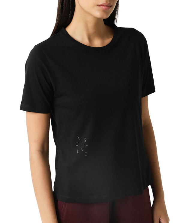 Rareism Women Alcas Black Cotton Blend Fabric Regular Fit Half Sleeves Solid Round Neck T-Shirt