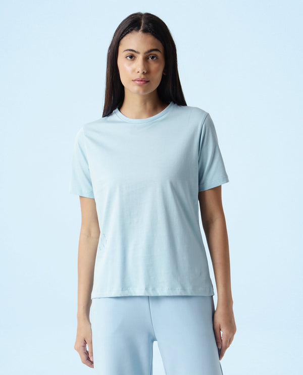 Rareism Women Alcas Blue Cotton Blend Fabric Regular Fit Half Sleeves Solid Round Neck T-Shirt