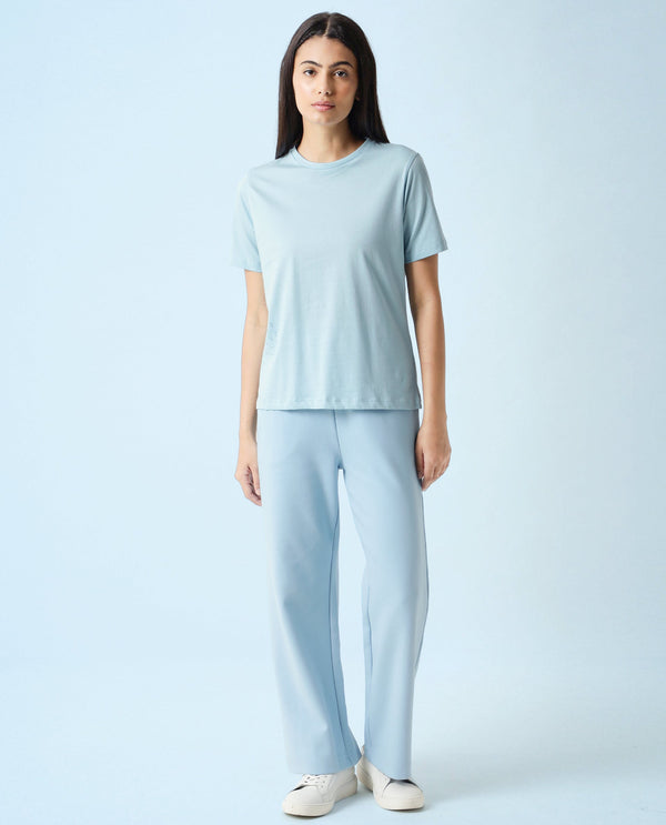 Rareism Women Alcas Blue Cotton Blend Fabric Regular Fit Half Sleeves Solid Round Neck T-Shirt