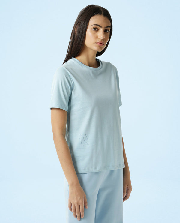 Rareism Women Alcas Blue Cotton Blend Fabric Regular Fit Half Sleeves Solid Round Neck T-Shirt