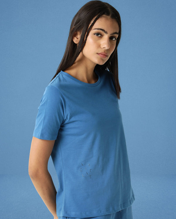 Rareism Women Alcas Petrol Cotton Blend Fabric Regular Fit Half Sleeves Solid Round Neck T-Shirt