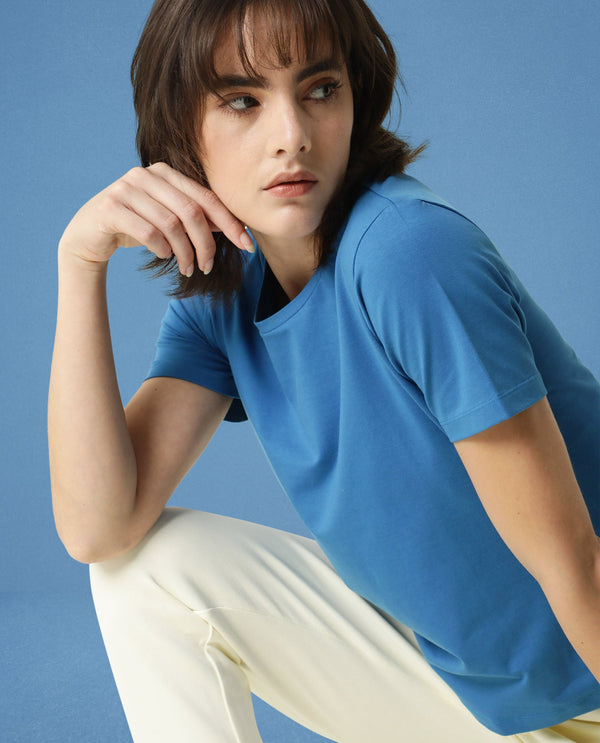Rareism Women Alcas Petrol Cotton Blend Fabric Regular Fit Half Sleeves Solid Round Neck T-Shirt