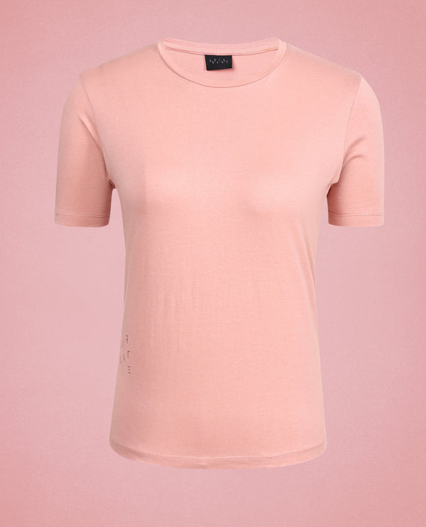 Rareism Women Alcas Dusky Pink Cotton Blend Fabric Regular Fit Half Sleeves Solid Round Neck T-Shirt