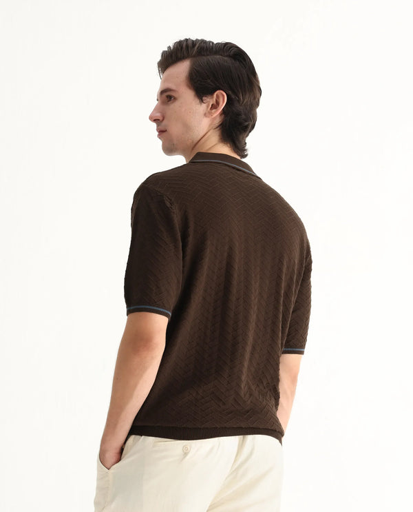 Rare Rabbit Men Amet Dark Brown Cotton Fabric Short Sleeve Flat Knit Polo