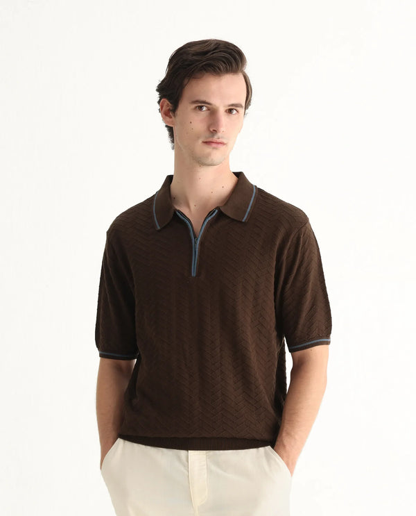 Rare Rabbit Men Amet Dark Brown Cotton Fabric Short Sleeve Flat Knit Polo