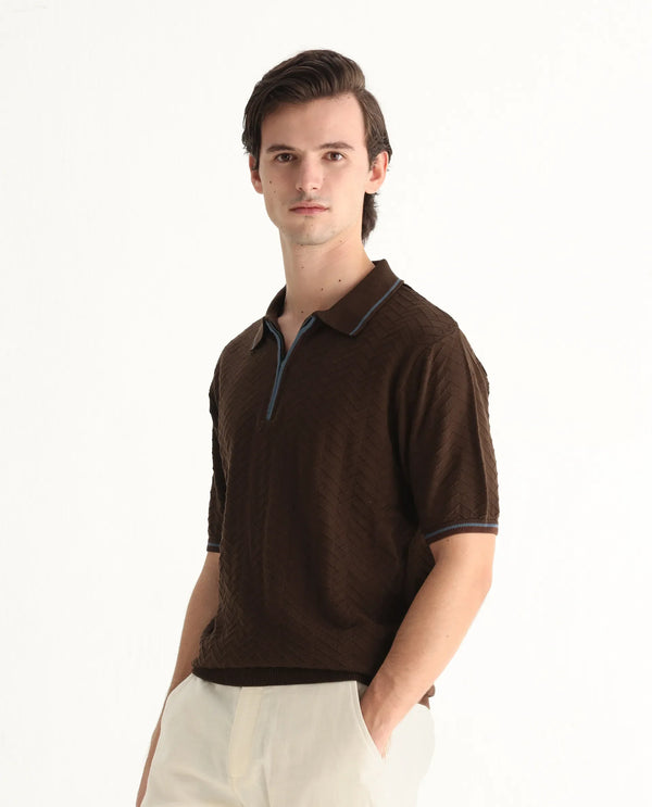 Rare Rabbit Men Amet Dark Brown Cotton Fabric Short Sleeve Flat Knit Polo