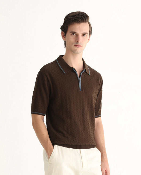 Rare Rabbit Men Amet Dark Brown Cotton Fabric Short Sleeve Flat Knit Polo