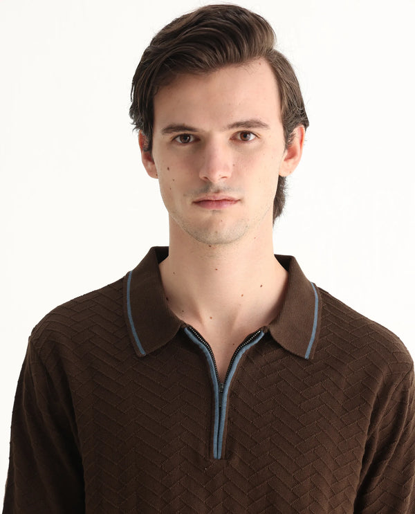 Rare Rabbit Men Amet Dark Brown Cotton Fabric Short Sleeve Flat Knit Polo