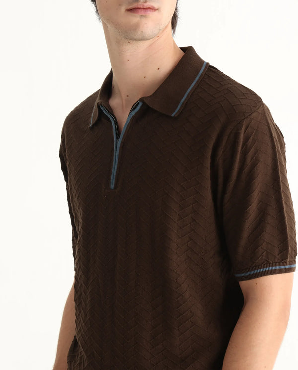 Rare Rabbit Men Amet Dark Brown Cotton Fabric Short Sleeve Flat Knit Polo