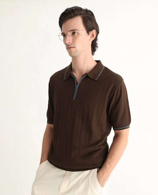 Rare Rabbit Men Amet Dark Brown Cotton Fabric Short Sleeve Flat Knit Polo