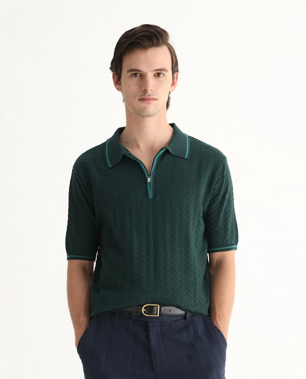 Rare Rabbit Men Amet Dark Green Cotton Fabric Short Sleeve Flat Knit Polo
