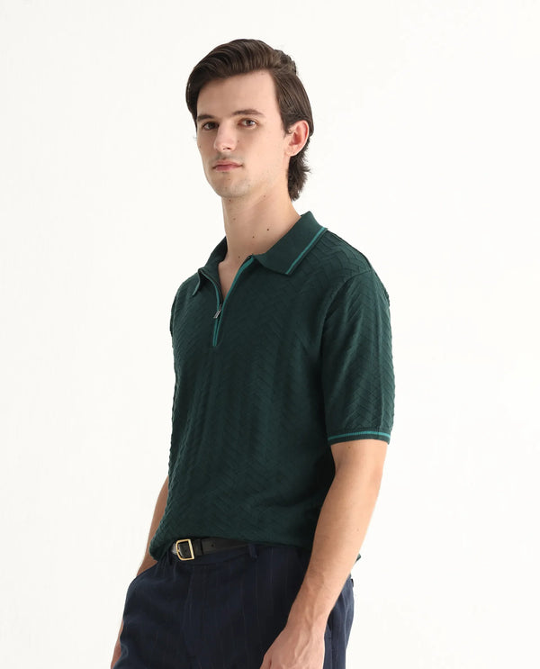 Rare Rabbit Men Amet Dark Green Cotton Fabric Short Sleeve Flat Knit Polo
