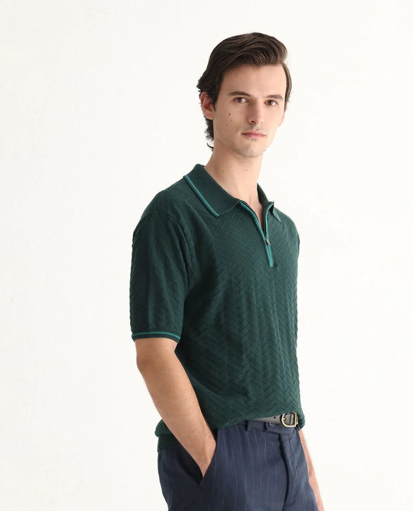 Rare Rabbit Men Amet Dark Green Cotton Fabric Short Sleeve Flat Knit Polo