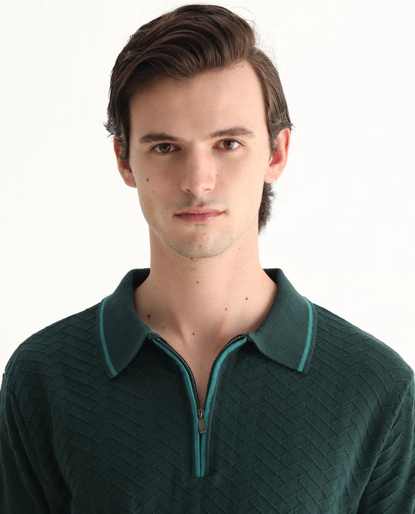 Rare Rabbit Men Amet Dark Green Cotton Fabric Short Sleeve Flat Knit Polo