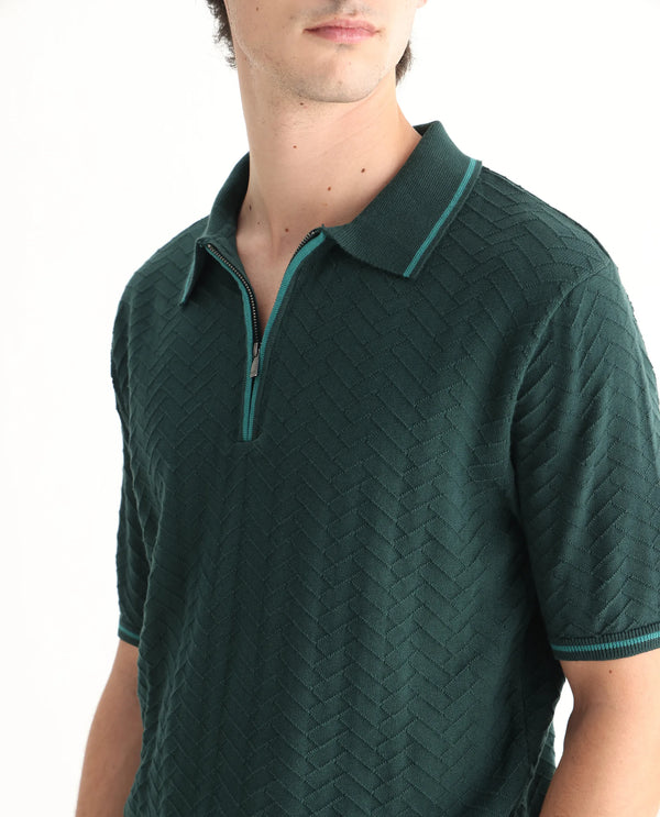 Rare Rabbit Men Amet Dark Green Cotton Fabric Short Sleeve Flat Knit Polo