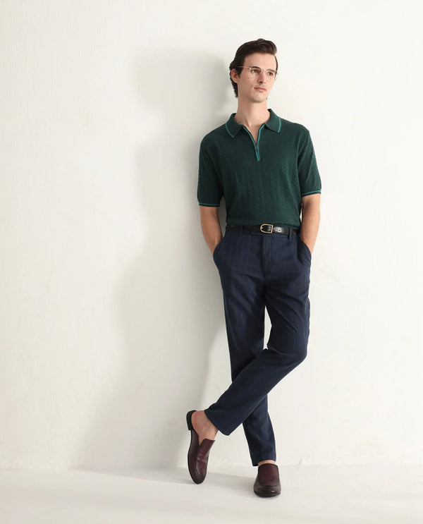 Rare Rabbit Men Amet Dark Green Cotton Fabric Short Sleeve Flat Knit Polo