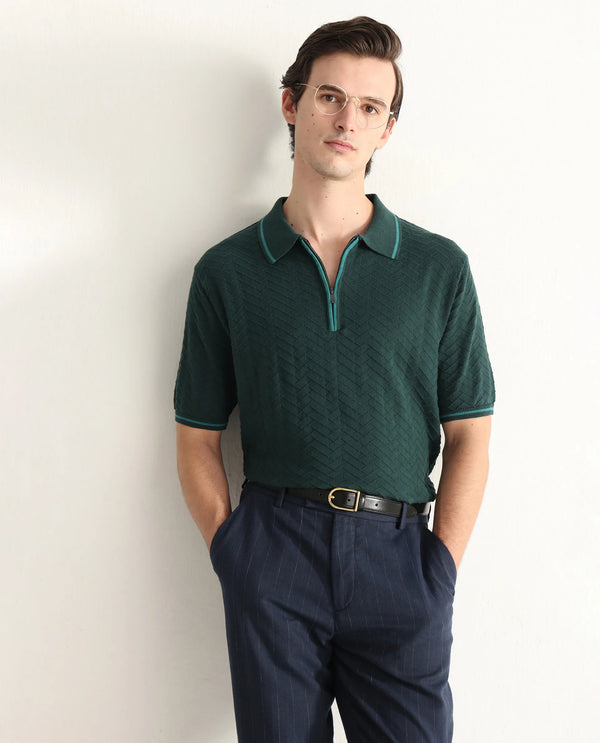 Rare Rabbit Men Amet Dark Green Cotton Fabric Short Sleeve Flat Knit Polo