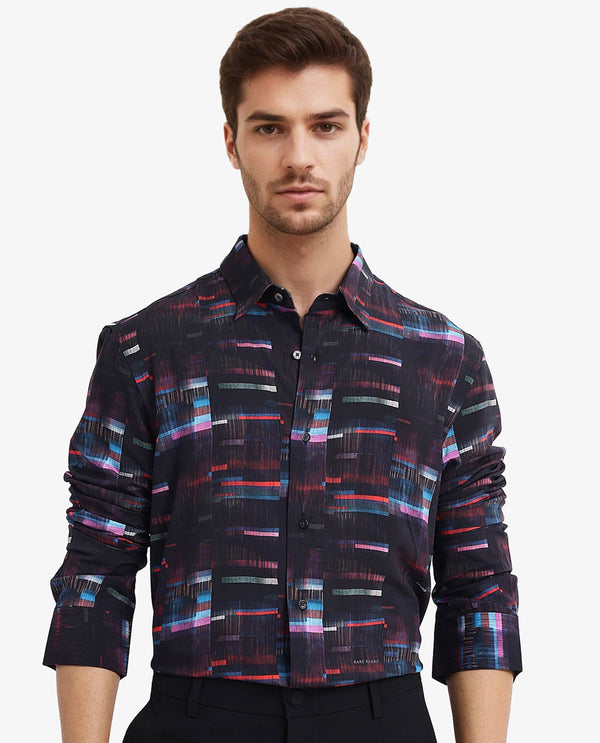 Rare Rabbit Men Apon Black Viscose Fabric Full Sleeve Regular Fit Abstract Print Shirt