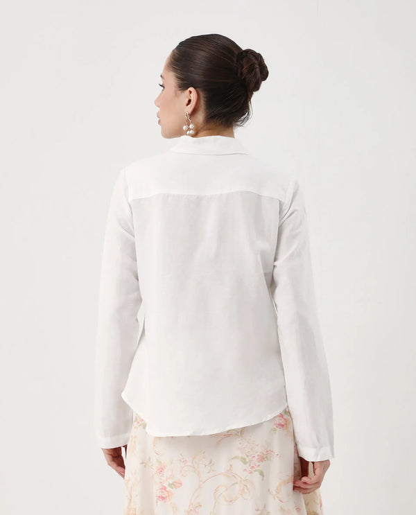 Rareism Women Appleby White Modal Linen Fabric Cuffed Sleeve Collared Neck Button Closure Plain Shirt