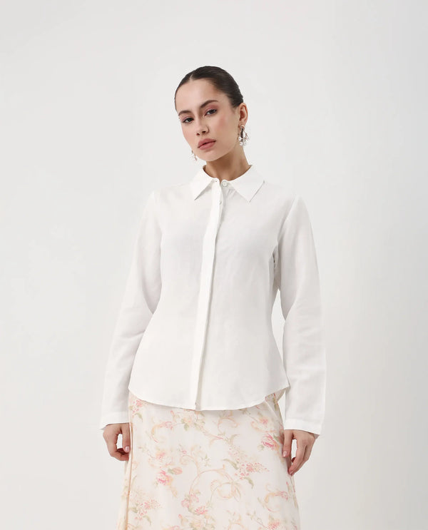 Rareism Women Appleby White Modal Linen Fabric Cuffed Sleeve Collared Neck Button Closure Plain Shirt