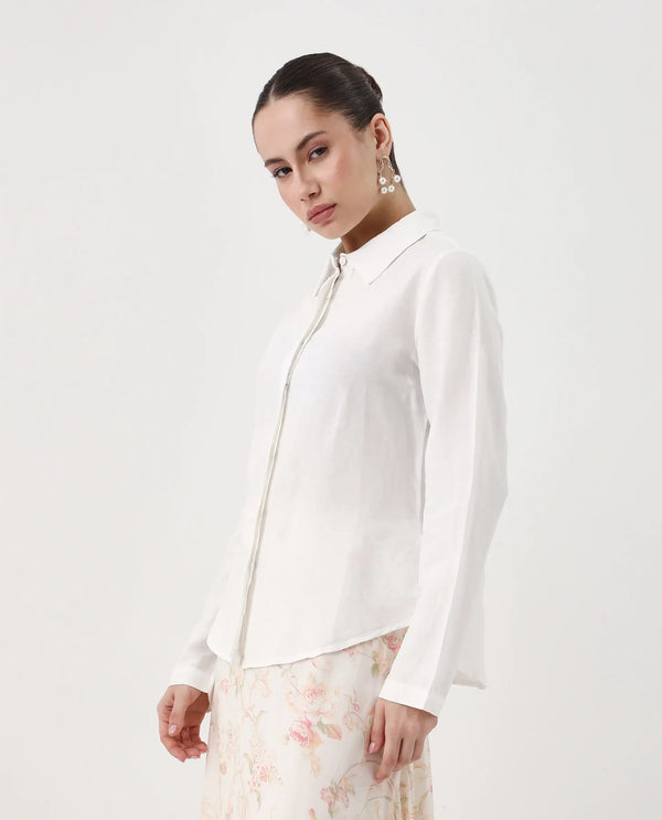 Rareism Women Appleby White Modal Linen Fabric Cuffed Sleeve Collared Neck Button Closure Plain Shirt