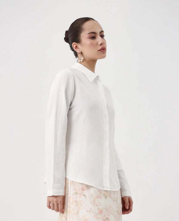 Rareism Women Appleby White Modal Linen Fabric Cuffed Sleeve Collared Neck Button Closure Plain Shirt