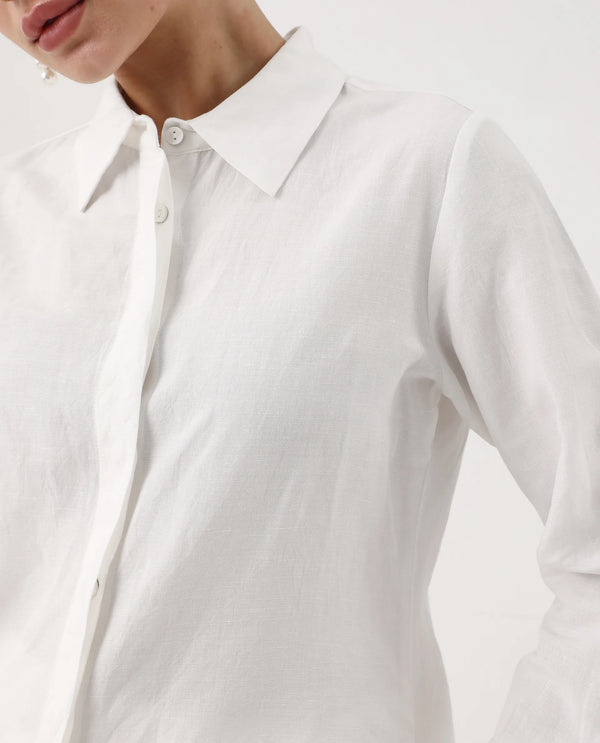 Rareism Women Appleby White Modal Linen Fabric Cuffed Sleeve Collared Neck Button Closure Plain Shirt