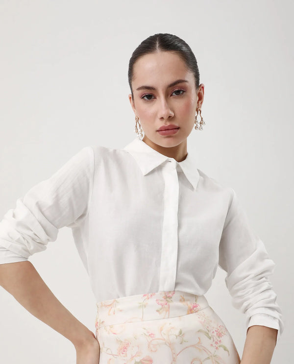 Rareism Women Appleby White Modal Linen Fabric Cuffed Sleeve Collared Neck Button Closure Plain Shirt