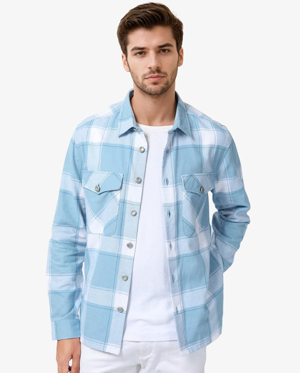 Rare Rabbit Men's Areo Pastel Blue Cotton Fabric Full Sleeves Button Closure Twill Checks Shacket