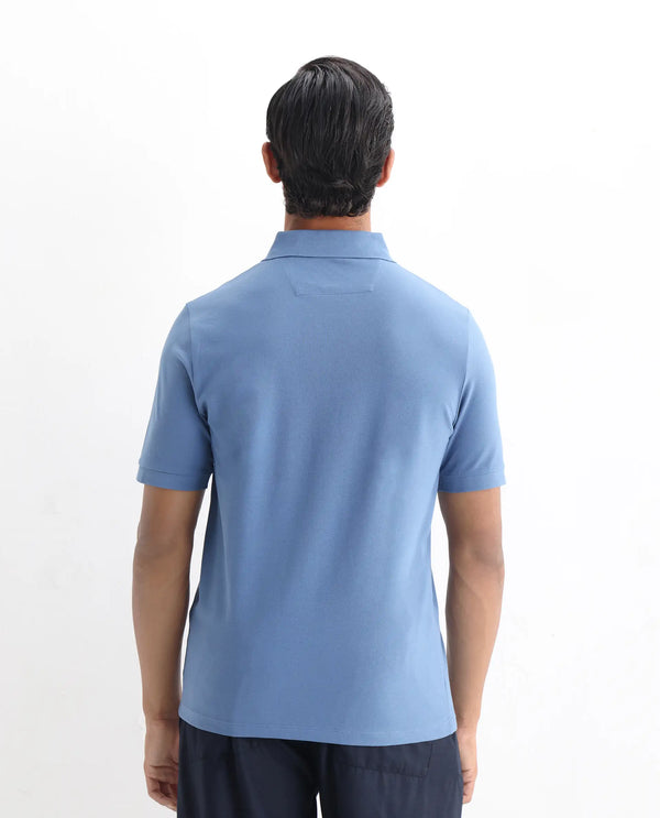 Rare Rabbit Men Arko Blue Cotton Blend Fabric Short Sleeve Regular Collared with Jacquard Placket Button Closure Plain Polo T-Shirt