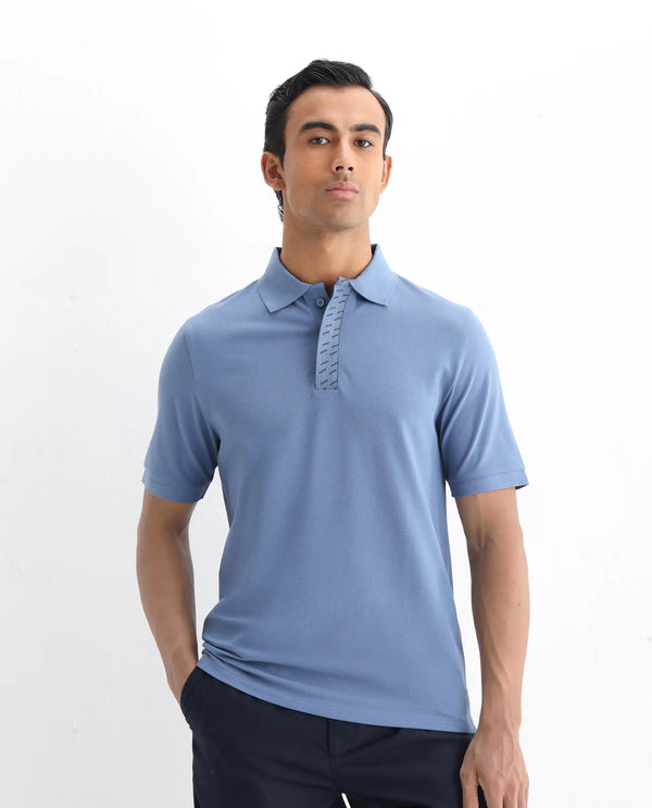 Rare Rabbit Men Arko Blue Cotton Blend Fabric Short Sleeve Regular Collared with Jacquard Placket Button Closure Plain Polo T-Shirt