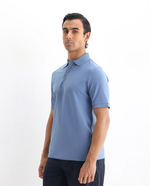 Rare Rabbit Men Arko Blue Cotton Blend Fabric Short Sleeve Regular Collared with Jacquard Placket Button Closure Plain Polo T-Shirt