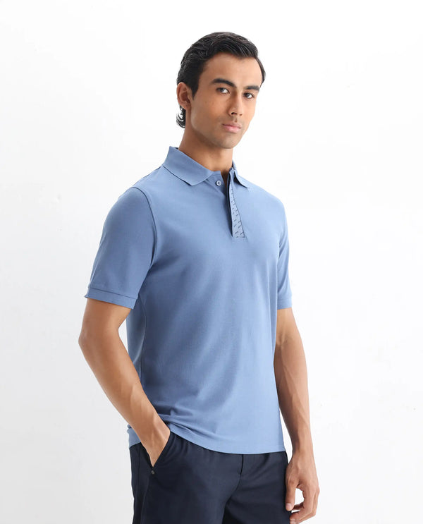 Rare Rabbit Men Arko Blue Cotton Blend Fabric Short Sleeve Regular Collared with Jacquard Placket Button Closure Plain Polo T-Shirt