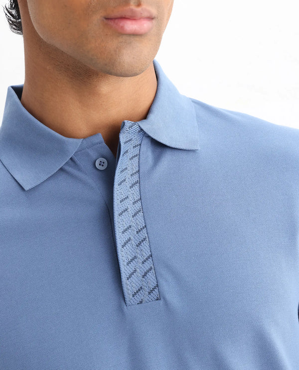 Rare Rabbit Men Arko Blue Cotton Blend Fabric Short Sleeve Regular Collared with Jacquard Placket Button Closure Plain Polo T-Shirt