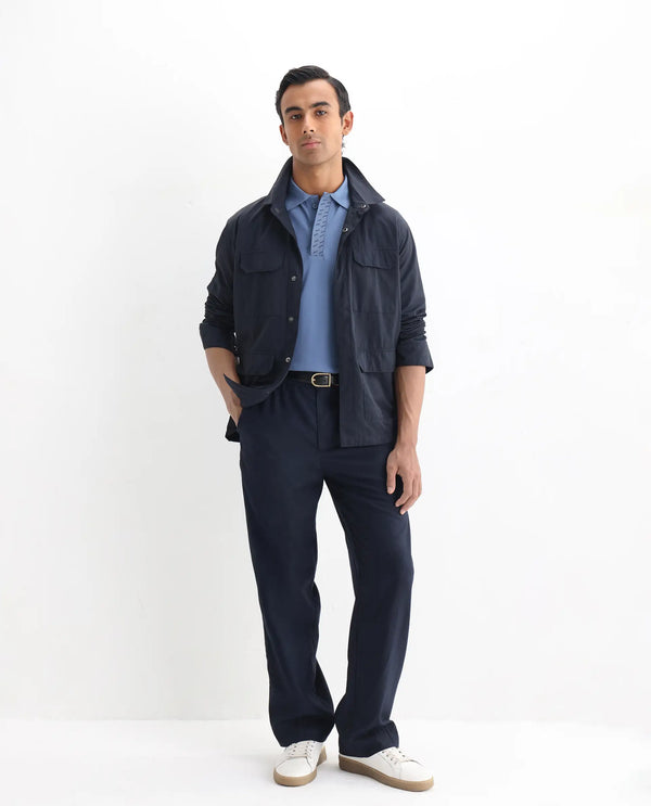 Rare Rabbit Men Arko Blue Cotton Blend Fabric Short Sleeve Regular Collared with Jacquard Placket Button Closure Plain Polo T-Shirt