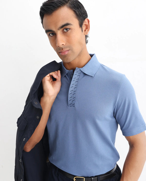 Rare Rabbit Men Arko Blue Cotton Blend Fabric Short Sleeve Regular Collared with Jacquard Placket Button Closure Plain Polo T-Shirt