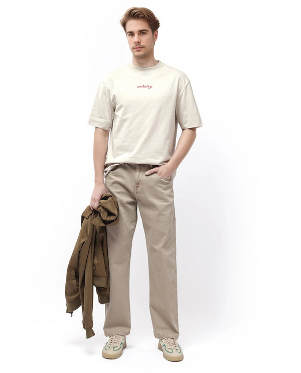 Rare Rabbit Men Arni Light Beige Cotton Viscose Fabric Carpenter Fit Plain Denim Pant
