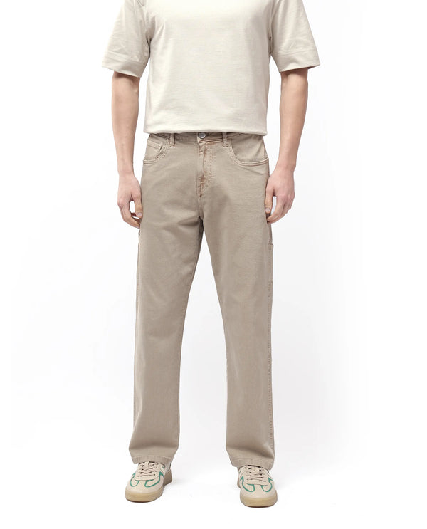 Rare Rabbit Men Arni Light Beige Cotton Viscose Fabric Carpenter Fit Plain Denim Pant