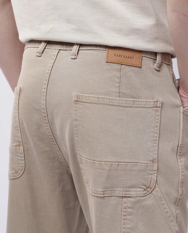 Rare Rabbit Men Arni Light Beige Cotton Viscose Fabric Carpenter Fit Plain Denim Pant