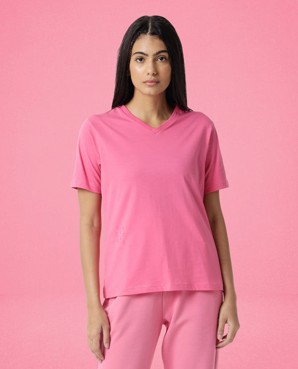 Rareism Women Arvi Flouroscent Pink Cotton Blend Fabric Regular Fit Half Sleeves Solid V-Neck T-Shirt